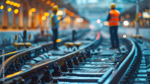 Railway tracks with blurred figures of two workers in orange vests in the background.