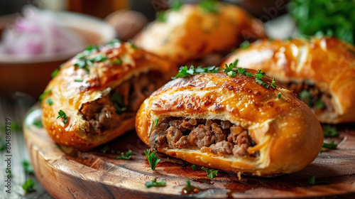 a Russian pirozhki, stuffed with meat and onions, freshly fried photo