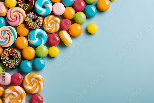 Candy and sweets in copy-space background concept, big blank space. Place to adding text blank copy space. Sugary Confectionery Delights photo