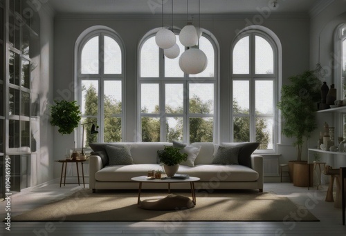 room interior illustration Nordic vases window home sofa Scandinavian interior living landscape White frames © akkash jpg