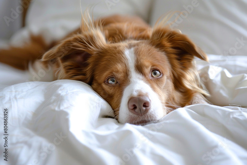 Adorable dog laying in bed with white sheets and pillows, relaxing morning with pet dog, Generative AI