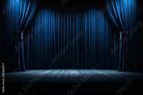 Empty theater stage with luxurious blue velvet curtains and spotlight by award ceremony