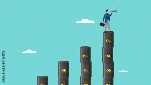 see business opportunity on oil and gas industry, strategy to success or business objective, businessman who use a telescope to see the next business strategy standing on oil barrel stack growth graph