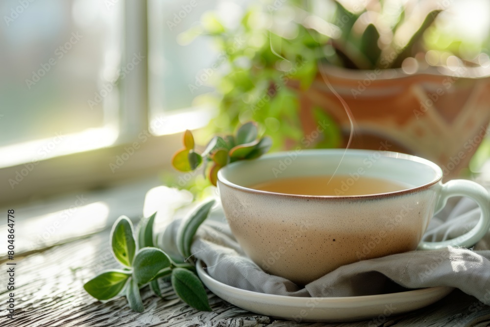 A cup of tea is sitting on a table with a plant next to it A cup of tea is sitting on a table with a plant next to it