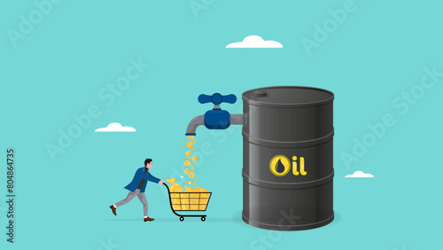 profits from the crude oil industry or investments, businessman who collects gold coins from the tap of an oil barrel using a shopping cart