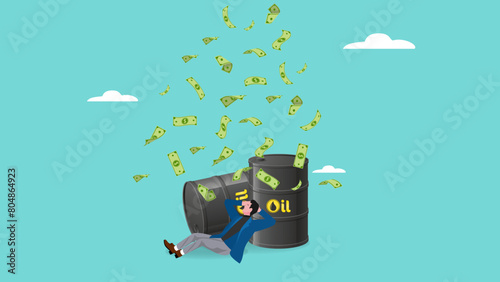 global crude oil return, oil investment return, energy return on investment, happy businessman sleeping awake on barrels of crude oil with dollar bills scattered about