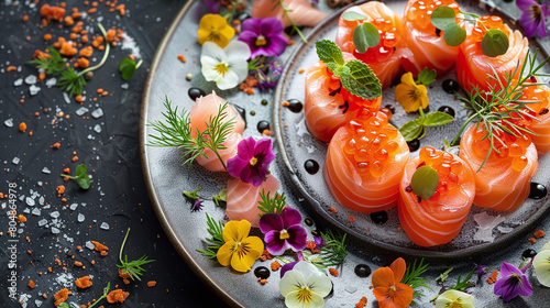 Beautiful food photography of a plate of sushi with flowers and herbs photo