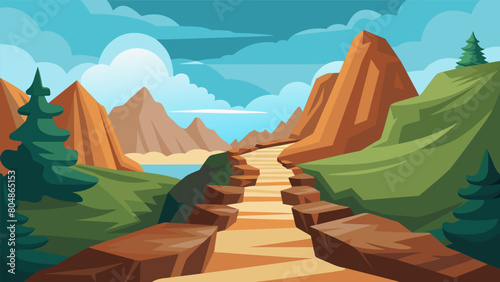 A rocky trail up a mountain surrounded by sweeping vistas and tranquil waterfalls offering a challenging yet rewarding mindful walking experience.. Vector illustration