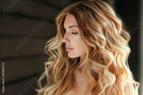 Golden Glow: Stunning Portrait of a Woman with Beige Blonde Hair - Radiance, Grace, Serenity - Clean composition, Ample negative space