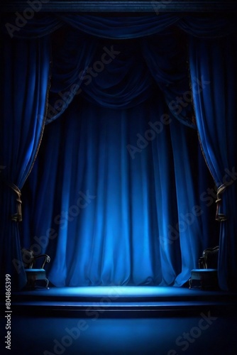 Empty theater stage with blue velvet curtains and spotlight by award ceremony background