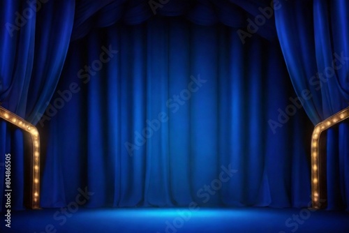 Empty theater stage with blue velvet curtains and spotlight by award ceremony background