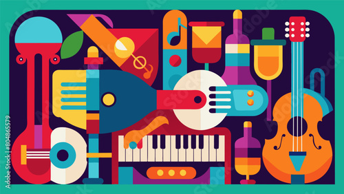 A vibrant card with a collage of different music instruments showcasing the diversity of music genres offered at the bar. Vector illustration