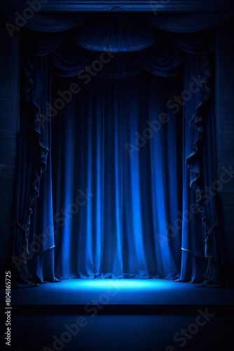 Empty theater stage with blue velvet curtains and spotlight by award ceremony background