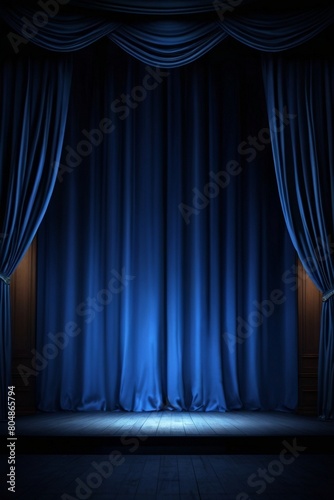 Empty theater stage with blue velvet curtains and spotlight by award ceremony background