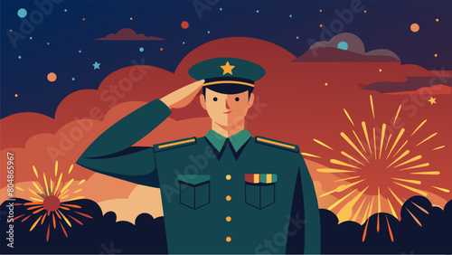 Grateful Nation An illustration of a soldier saluting with a backdrop of fireworks against a dusky sky representing a grateful nation honoring their. Vector illustration