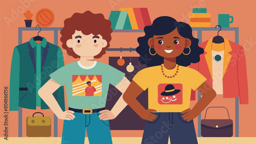Two friends showing off their impressive thrift store finds from vintage band tees to funky accessories in a friendly thrift store outfit challenge.. Vector illustration