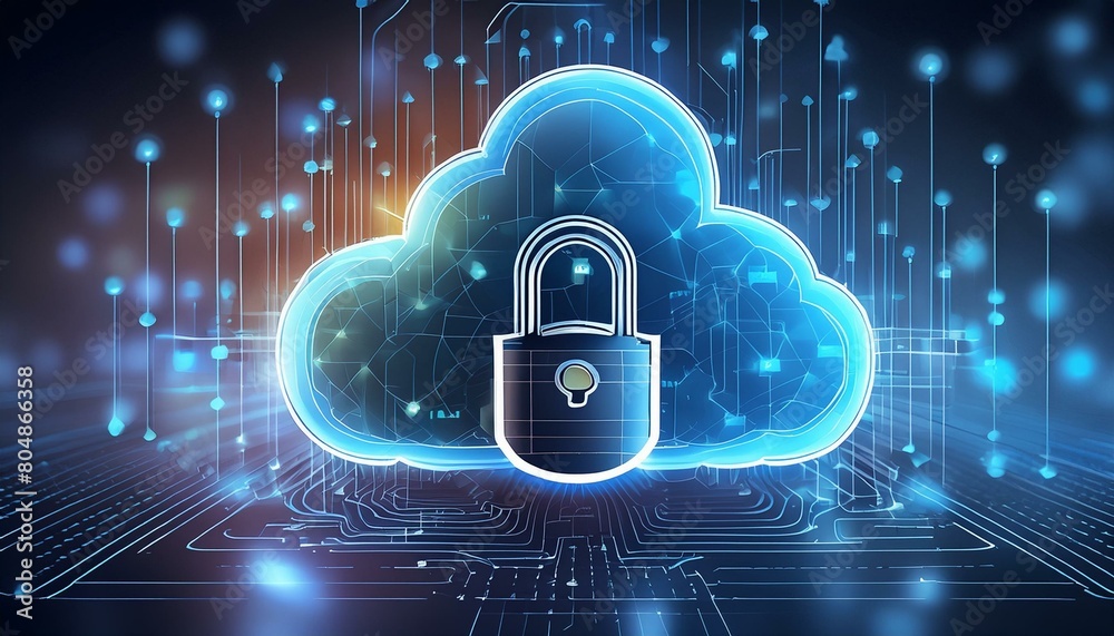 Abstract illustration of cloud security services, stylized cloud icon integrated with a secure padlock symbol, representing data protection and cybersecurity in cloud computing environments