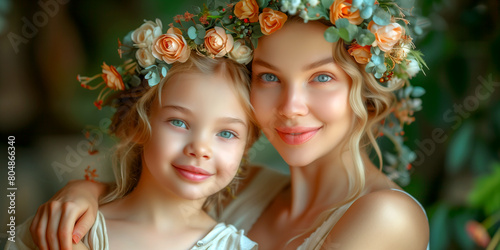 A woman and a little girl are wearing flower crowns and smiling