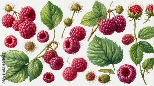 Juucy raspberries with leaves summer watercolor set