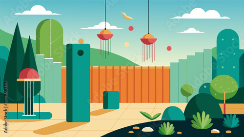 A garden filled with tactile elements such as wind chimes and textured walls catering to visitors sense of touch and providing a unique sensory. Vector illustration