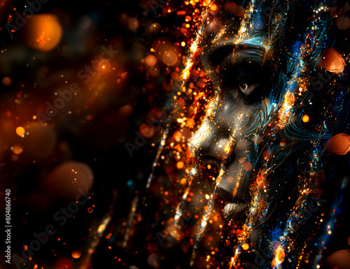 A close up of a womans face with sparks resembling a star in the sky
