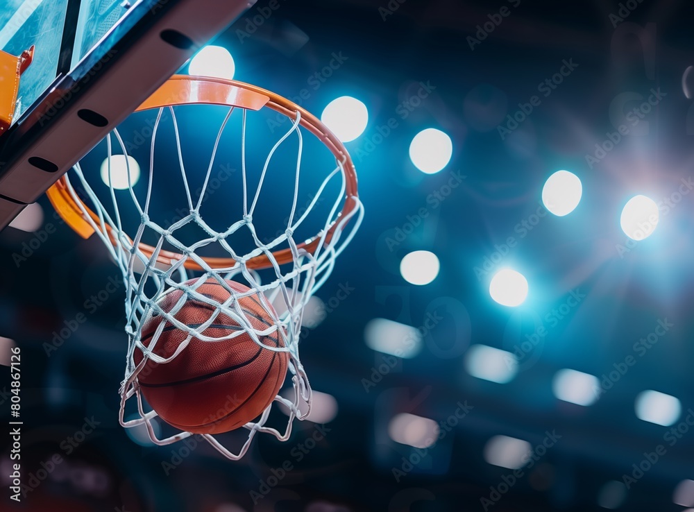 A basketball going through a hoop in an indoor arena, with lights and a dark background. With a softly blurred background 