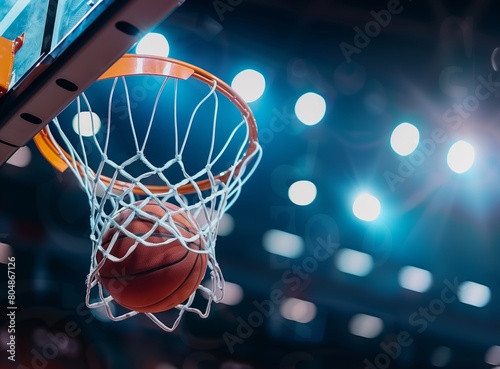 A basketball going through a hoop in an indoor arena, with lights and a dark background. With a softly blurred background 
