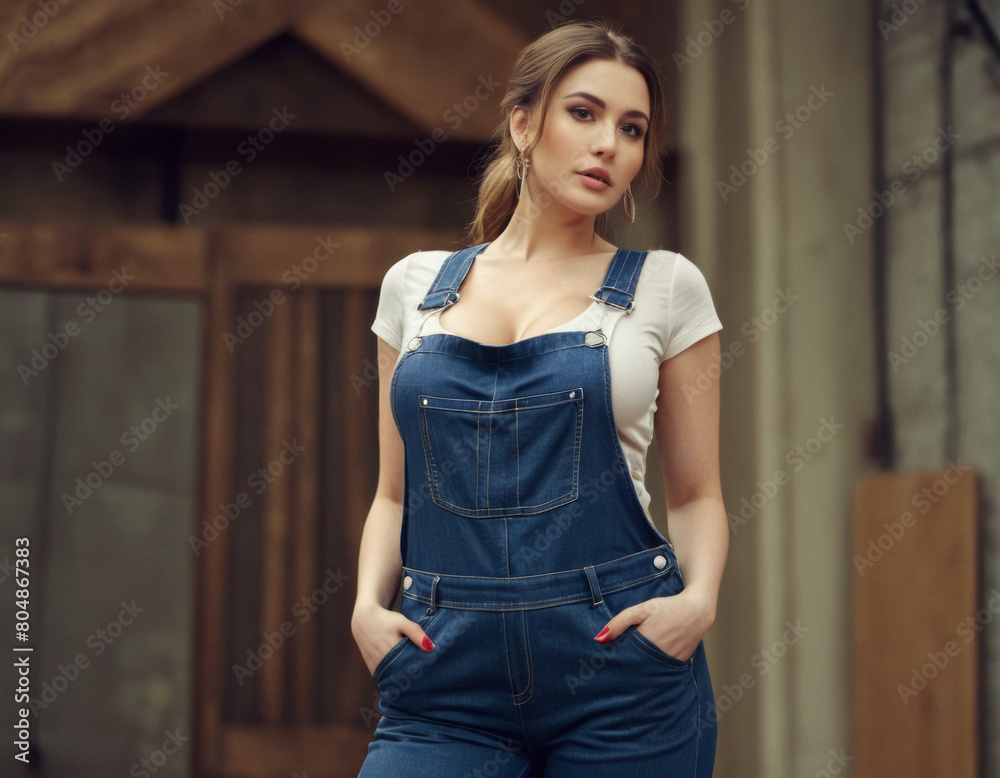 Attractive young woman with large breasts wearing overall pants