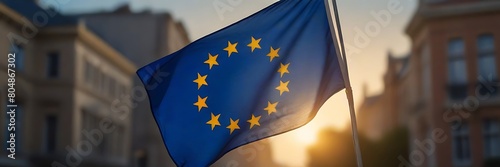 The flag of The European Union flapping in the wind. Economic and finance Community. Politics and Economy. Transnational political government photo