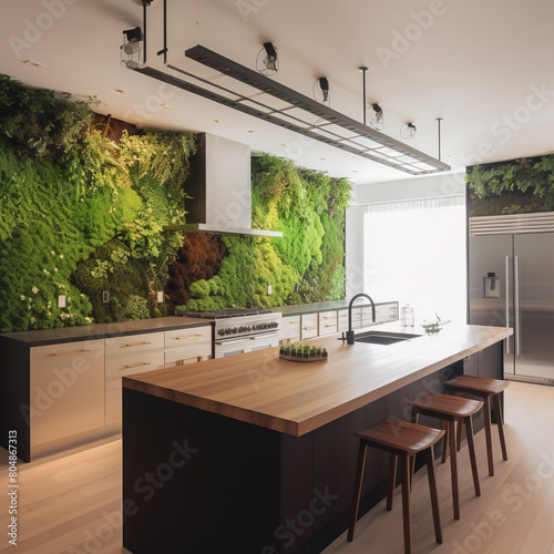 A whimsical kitchen with a living herb wall and touch-sensitive countertops