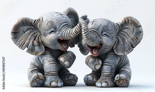 Two cute stylized elephants touching trunks in a playful, friendly manner. Generate Ai