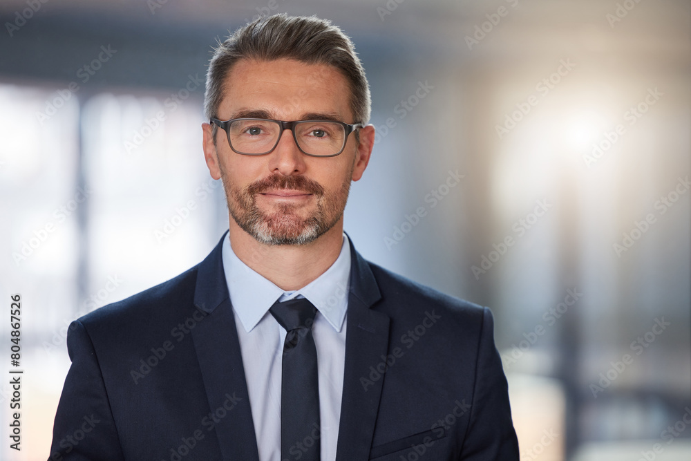 CEO, business and portrait of mature man in office for confidence, happiness or positive mindset. Lens flare, entrepreneur and management person for company growth, pride or professional attitude