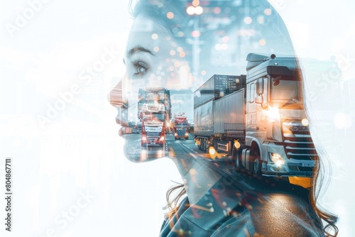 Creative double exposure image blending a woman's profile with bustling transportation and logistics scene, illustrating industry influence.