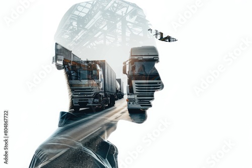 Artistic double exposure of a human silhouette profile seamlessly integrated with a vibrant trucking and logistics scene, symbolizing industry connection.