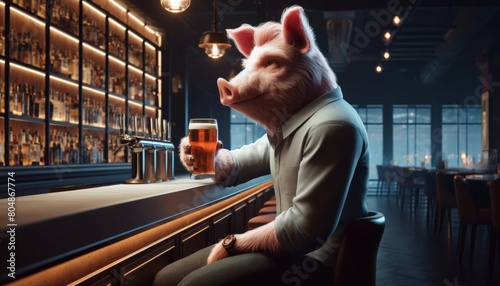 A photo of a pig in a bar having a drink photo