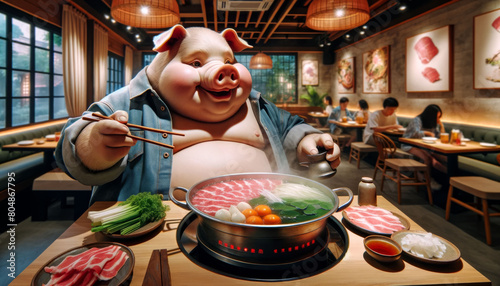 A pig wearing a denim shirt is sitting at a table in a restaurant, eating hot pot. photo