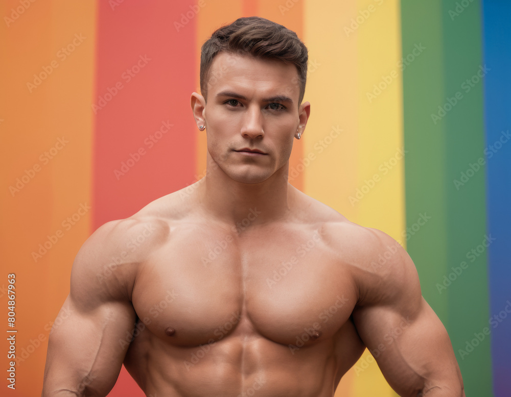 Young shirtless muscular man posing in front of rainbow background in gay concept shot Young shirtless muscular man posing in front of rainbow background in gay concept shot