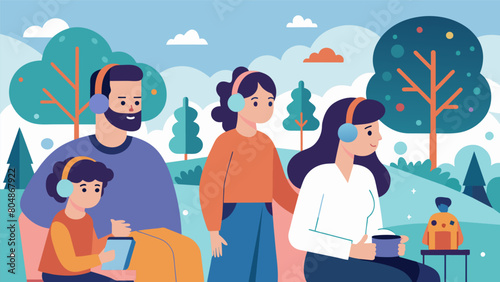 A family taking a trip to an amut park and the neurodivergent member utilizing noisecancelling headphones and a designated quiet space when feeling. Vector illustration