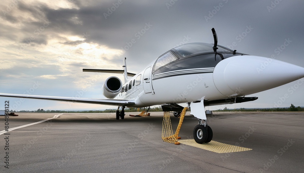 Closeup view of private jet airplane parked at outside. Luxury tourism and business travel transportation concept Closeup view of private jet airplane parked at outside. Luxury tourism and business travel transportation concept