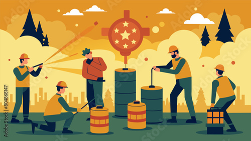 The air fills with the scent of gunpowder as the fireworks setup crew meticulously sets up each explosive device with precision.. Vector illustration