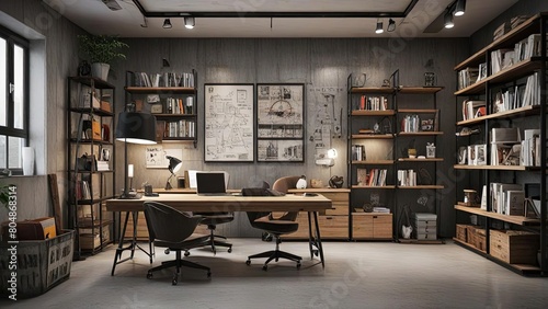 3D interior design for work space with an industrial concept