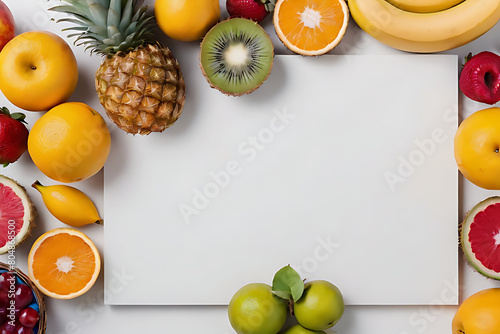 Fruits in copy-space background concept  big blank space. Place to adding text blank copy space. Vibrant Summer Orchard Fruit Bowl