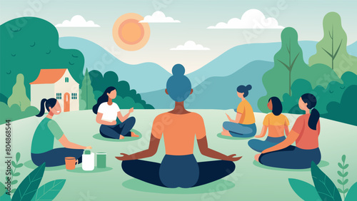 In a peaceful retreat center individuals looking to improve their overall wellness join in a lowimpact fitness class surrounded by nature and guided. Vector illustration
