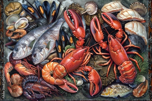 A painting of seafood including shrimp, lobster, and fish