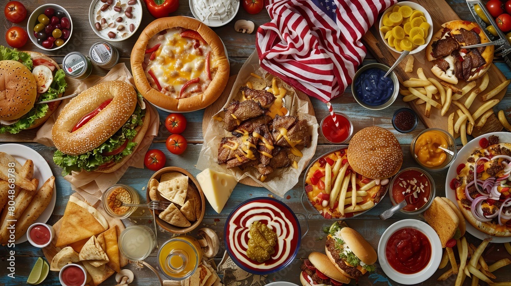 Delicious Assortment of American Cuisine: Burgers, Hot Dogs, Pizza, and More on Rustic Wooden Table