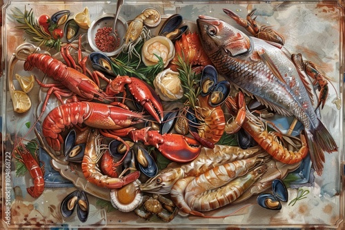 Ocean's Bounty: A Vibrant Painting of Seafood Delicacies, Featuring Shrimp, Lobster, and Fish