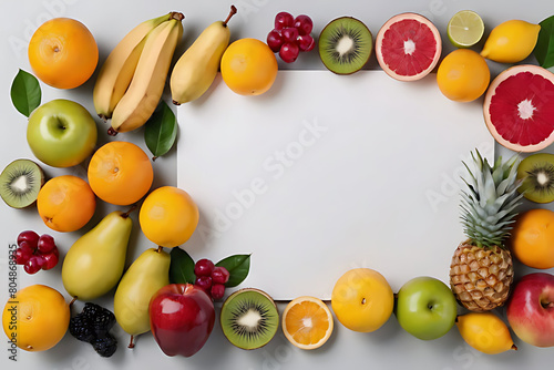Fruits in copy-space background concept  big blank space. Place to adding text blank copy space. Tropical Orchard Harvest Basket