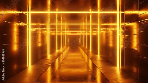 3D Render of a Room with Glowing Gold Neon Lines. Abstract Background. Generative Ai