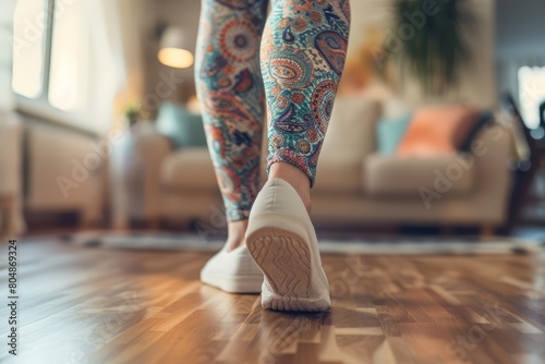 A close up of woman feet walking on floor  low angle view from behind of girl legs stepping on the carpet  steps from back side in the room.