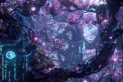 fantasy forest with flowers and trees in neon light